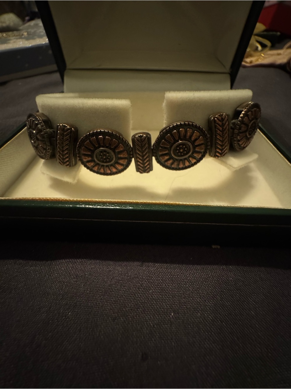 Antique-Style Floral Link Bracelet in Aged Copper
